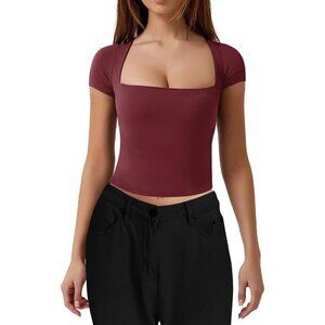 🆕 Women Red Square Neck Crop Top Sexy Short Sleeve Cute Basic Cropped T Shirts